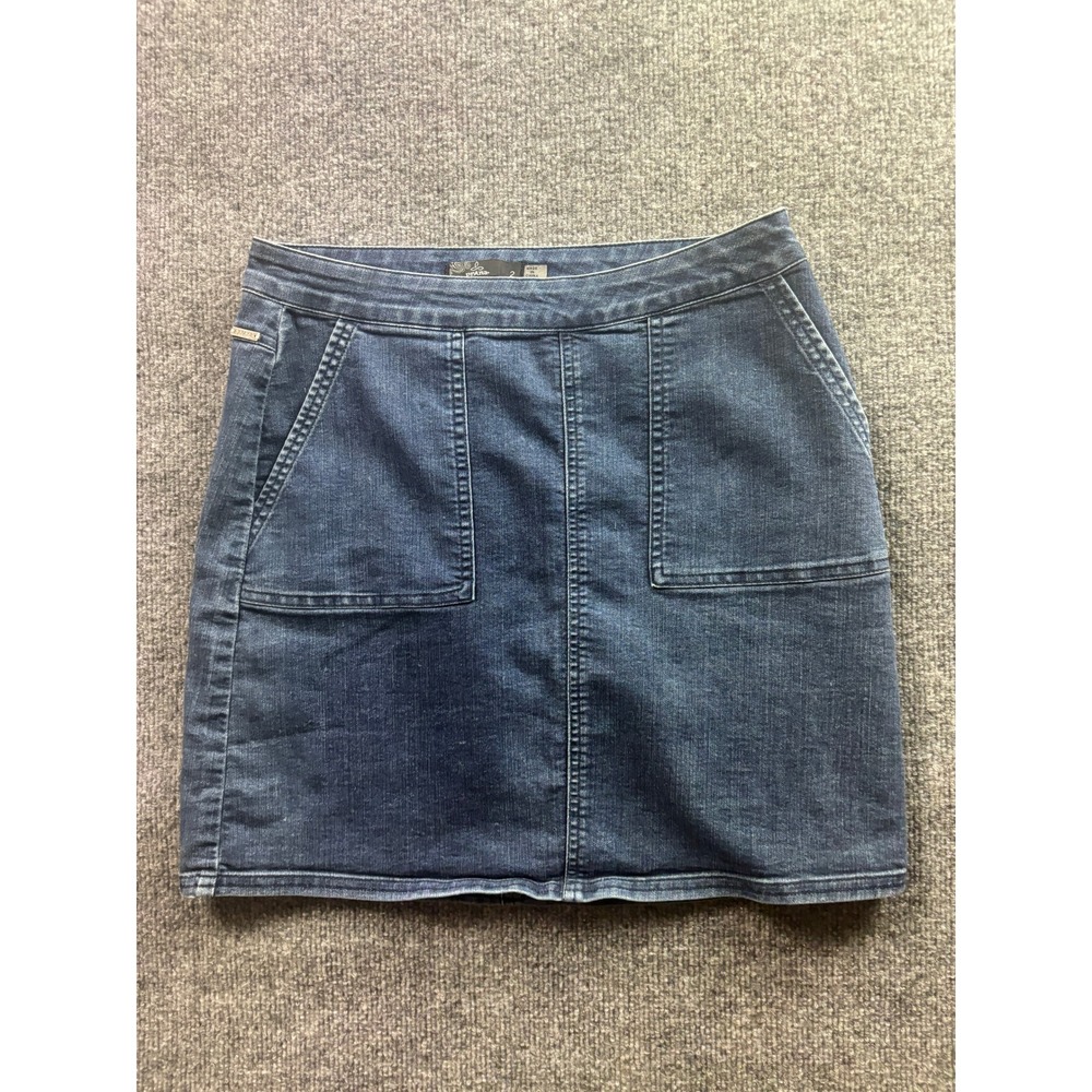 Prana Denim Mini Skirt Womens Size 2 Blue Dark Wash Stretch Patch Pockets